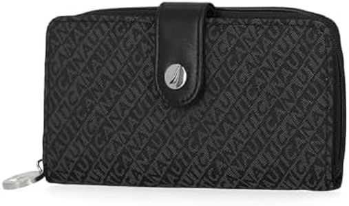 Nautica Womens, Be Shore Vegan Leather RFID Wallet, Zip Around Clutch Large Slim Phone Case and Multi Card Organizer, Black, Jacquard