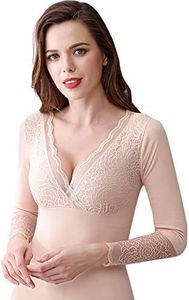 Flygo Womens Thermal Fleece Lined Cotton Underwear Lace Long Sleeve V-Neck Top (Small, #02 Nude)