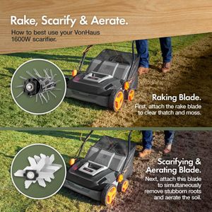 VonHaus Electric Lawn Scarifier & Aerator – 1600W, 45L Box, 37cm Width