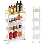 KINGRACK 4-Tier Slim Rolling Cart with Wooden Tabletop, Easy Assemble Mobile Storage Trolley On Wheels,Slide Out Utility Cart Shelving Units for Narrow Space on Kitchen Bathroom Laundry Room,White