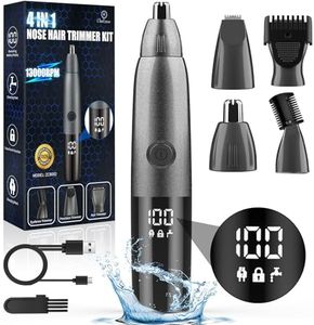 Oukzon Cortapelos Nariz y Oreja para Hombre Mujer, 4 en 1 Depiladora de Nariz Recargable por USB con Pantalla LED, Depiladora Profesional Indolora para Nariz, Orejas, Cejas, Cara, IPX7