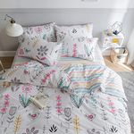 HighBuy Floral Printed Bedding Sets Queen Duvet Cover Girls Cotton Comforter Cover Queen Size Garden Aesthetic Reversible Striped Bedding Sets 3 Piece Full Bed Boho Comforter Cover Duvet Cover Set