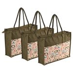 Heart Home Pack of 3 Multi-purpose Jute Lunch Bags For Office Men/Women | Reusable Grocery Bag with Zip & Handle | Carry bag For Office Employees | Spectacles Print - Green