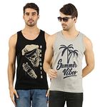 THE ARCHER Men's Cotton Printed Regular Fit Vest Hangover Combo- (Pack Of 2, Black, Grey Melange, X-Large)