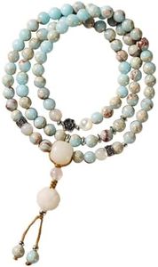 Natural Blue Jade Beaded Bracelet for Women 108 Jade Stone Carved Bead Bracelet Good Luck Energy Yoga Meditatioon Healing Fashion Winding Hand String Birthday Gift (Bodhi 80)