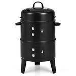 HAPPYGRILL 3-in-1 Charcoal Smoker Grill, Outdoor Vertical Charcoal Smoker with Built-in Thermometer & Adjustable Vent System, 2-Layer Separable Charcoal Grills for Camping & Family Cooking