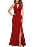 WOOSEA Women's High Neck Sleeveless Split Bodycon Mermaid Evening Cocktail Long Dress, Red, M