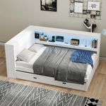 Full Size Wood Trundle Bed Daybed with Storage Shelves, USB, LED, and Trundle, White Storage Day Bed Sofa Bed, No Box Spring Required