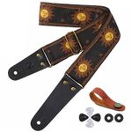 Nefelibata Guitar Strap, Sun Embroidered Cotton Guitar Strap with Genuine Leather Ends for Bass, Electric and Acoustic Guitars, Free Buckle, 1 Pair of Strap Locks and 4 Guitar Picks