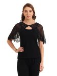 Women's Net Hand Bead Embroidery Designer Short Cape Poncho (Free size, Black P Black)