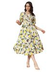 KZULLY Women's Crepe A-Line Midi Dress (1001-White-Yellow-Flower-M_White