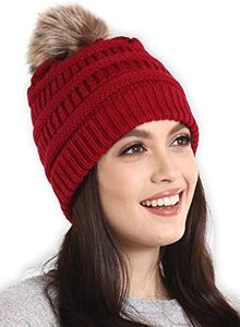 Brook + Bay - Beanie Hats for Women, Pom Pom Hat Soft Chunky Knit Beanie for Cold Weather, Stocking Cap for Women Winter Hats Maroon