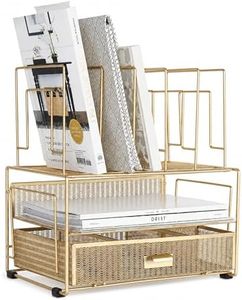 BLU MONACO | Gold Desk Organizer With Drawer | Metal Mesh File Holder & Vertical File Organizer | Desktop Storage for Office Supplies, Papers & Folders | 9.3" D x 13" W x 14" H