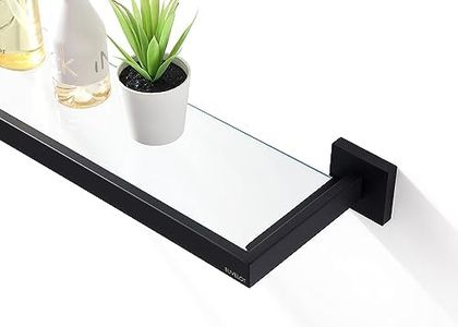 BUVELOT Bathroom Shelf, 22.32 Inch Large Glass Bathroom Shelf, 8mm Extra Thick Tempered Clear Glass Shelves Modern Rectangular,Matte Black,071090-MB