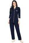 ZEYO Women's Cotton Solid Plain Navy Blue Night Suit Set Of Pajama Set, X-Large