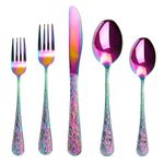 Runfly Vintage Carved Rainbow Stainless Steel 20 Pieces Flatware Set, Colorful Silverware Set, Modern Embossed Cutlery Set Utensils Including Fork Spoon and Knife