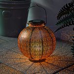 Festive Lights 25.5cm Antique Brass Style Moroccan Solar Powered LED Lantern - Outdoor IP44 Rated Garden Table Lamp White, Warm White & Colour Changing Lighting