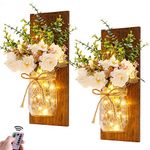 Homecor Rustic Mason Jar Sconces Handmade Wall Art Hanging Design with Remote Control LED Fairy Lights and White Peony, Farmhouse Kitchen Decorations - Set of 2