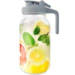 Glass Mason Jar Pitcher, 1800ml Wide Mouth Jug with Pour Spout Handle Lid for Cold Brew Coffee, Ice Beverage, Iced Juice, Lemonade, Sun Tea, Fruit Drinks Container