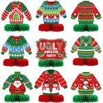 9 Pieces Christmas Ugly Sweater Party Decorations Ugly Sweater Party 3D Tables Topper Xmas Table Honeycomb Centerpieces Ugly Sweater Christmas Ugly Cutouts Centerpieces for Winter Holiday Supplies