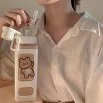 Asslye Kawaii Bear Water Bottle,700ml Square Drinking Bottle With Straw,Large Kawaii Water Bottle for Girl Cute Juice Tea Water Cups