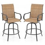 Tangkula Outdoor Swivel Bar Stools Set of 2, Bar Height Tall Patio Chairs with Armrests & High Back, Cozy Footrest & Solid Metal Support, High Top Bar Chairs for Backyard, Balcony, Poolside (1, Brown)