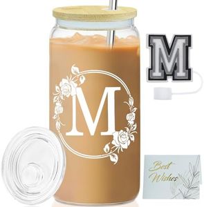 AiHeart Initial Glass Cup,Monogrammed Gifts for Women,Personalized Glass Tumbler,16oz Glass Cups with Lids and Straws,Birthday Gift,Iced Coffee Mug,Cute Tumbler,for Smoothie-M