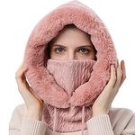 Women Winter Balaclava Hats One Piece Slouchy Beanie Scarf Mask Warm Faux Fur Hooded Balaclava Pullover Knitted Cap (Pink)