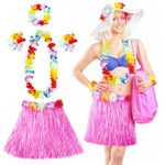 Aomig Hawaiian Grass Skirt, 5 Pcs Hawaiian Garlands, Tropical Fancy Pink Dress Hawaiian Headband Necklace Wristband Flower, 40CM Hawaiian Leis Set for Kids, Adults, Women Summer Beach Tropical Party