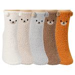 QKURT 5 Pairs Fluffy Socks, Coral Fleece Winter Soft Sleeping Socks Cartoon Bear Ears Slippers Socks Thermal Bed Socks for Girls,Women