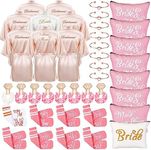 40 Pcs Bride Bridesmaid Robes Set Women Silk Satin Robes Bridal Party Robes with Cosmetic Makeup Bag Knot Bracelets Hair Ties Socks for Wedding Bridal Shower Bachelorette Party, Pink, One size