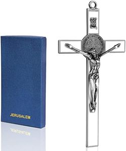 VINETEN White Enamel Crucifix Wall Cross–Saint Benedict Metal Wall Art–Cross Give Blessing and The Spiritual Sacred–Crucifix Gift for Grandma, Boys Baptism Gift, 7.7x4x1