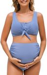 Summer Mae Maternity Ribbed Two-Piece Swimsuit Front Knot Crop Top Bikini High Waisted Pregnancy Bathing Suit, Baby Blue, Medium