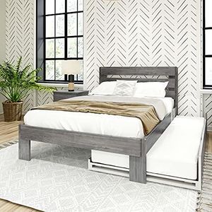 Max & Lily Modern Farmhouse Bed with Plank Headboard and Trundle, Full, Driftwood