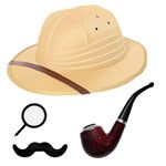 EXPLORER FANCY DRESS KIT - SAFARI PITH HELMET HAT SAFARI HAT SUN HELMET PLUS MONOCLE, TASH & SMOKING PIPE - ADULTS ONE SIZE FITS MOST