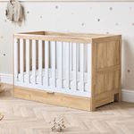 Tutti Bambini Riley 3-in-1 Baby Cot Bed with Drawer 120 x 60 cm, (0-4 Years) - 3 Modes: Cot, Toddler Bed & Toddler Sofa, Convertible Cot Bed for Baby with 3 Mattress Heights, Oak & White