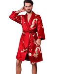 Haseil Men's Satin Robe Dragon Luxurious Silk Spa Long Sleeve House Kimono Bathrobe, Rose Red, Tagsize3XL=USsizeXL