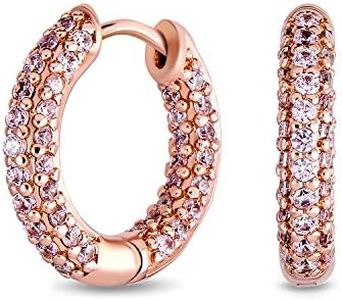 Formal Party Pink Pave CZ Inside Out Small Tube Huggie Hoop Earrings For Women Cubic Zirconia Rose Gold Plated .75 Inch Diameter