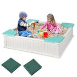 Costzon Kids Sandbox with Cover, 4ft x 4ft HDPE Sandpit with Oxford Cover, Bottom Liner, 4 Corner Seats, Weather Resistant Outdoor Sand Play Station for Backyard Lawn Garden Beach (White)