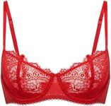 Dobreva Women's Lace Demi Balcony Non Padded Bra Underwired Bralette Lipstick Red 32B