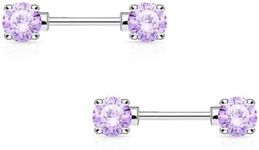 BodyJewelryOnline Pair of Nipple Barbells 14G Surgical Steel with Round Prong Set Cz Gems (Tanzanite)