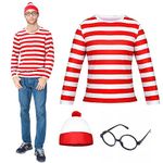 Esiaphia Wheres Waldo Costume Adult Halloween Costume Men,2024 Red and White Striped T-Shirt with Glasses Hat (Men, Large)