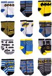 DC Comics Baby Boys/Girls 12 Pack Socks: Batman, Wonder Woman, Superman, Justice League, Super Girl, Size Age 12-24M, Blue/Yellow/Black Batman