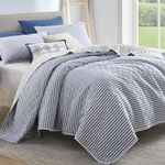 SHALALA 100% Cotton Quilt Set Queen Size, 5 Piece White and Blue Striped Bedspread Farmhouse Soft Reversible Coverlet Bedding Set for Queen Bed with Matching Shams for All Season