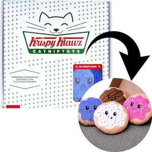 Krispy Klawz Donut Cat Toys - Cute Funny Cat for Cat Lovers, Cat Birthday Gift, Cat Presents - Includes 4 Donut Shaped Catnip Infused Plush Toys & Thick Cardboard Cat Scratch Pad