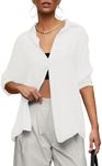 AISEW Womens Button Down V Neck Collared Shirts Dressy Casual Long Sleeve Roll Up Blouses Loose Cover Ups Tunic Tops (White, 7005S)