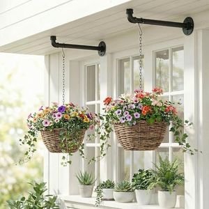 ZYUXUAN 2 Pack Black Metal Pipe Plant Hanger Indoor with Hanging Chains, Industrial Window and Wall Mounted Hanging Rod Planter for Plants, Pot/Plant Not Included