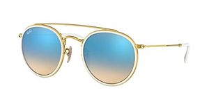 Ray-Ban RB3647N Double Bridge Round Sunglasses, Gold/Brown Gradient Mirror Blue, 51 mm