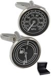 COLLAR AND CUFFS LONDON - Premium Cufflinks with Presentation Gift Box - Speedometer and Petrol Gauge - Solid Brass - Car Fuel Tank - Silver, Black and White