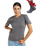 Merino.tech Merino Wool T Shirt Women - 100% Merino Wool Lightweight Base Layer Women Short Sleeve Tee + Merino Wool Hiking Socks (Small, Perfect Grey Crewneck)